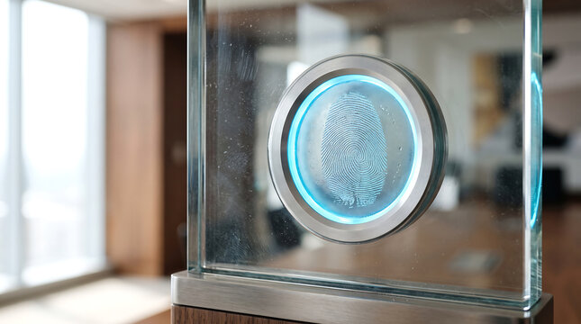 Macro detail shot of a circular biometric fingerprint scanner embedded in a clear glass panel with a glowing blue light ring, set in an office interior