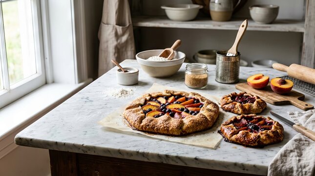 Fresh baked fruit galettes with peaches and berries on marble counter during daytime preparation