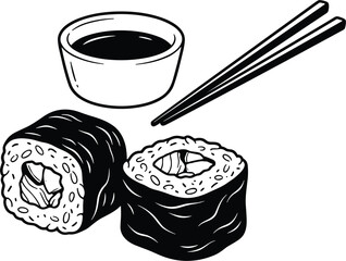  Two freshly rolled maki sushi pieces containing raw salmon served alongside soy sauce dipping bowl and wooden chopsticks © Afroja