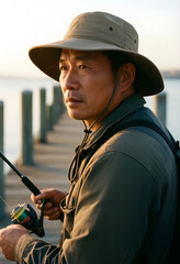 Fototapeta premium Retirement lifestyle and leisure, mature asian man fishing on a wooden pier at sunset for outdoor recreation and mental wellness in a peaceful environment