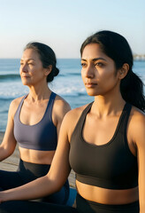 Fototapeta premium Wellness and mindfulness diverse women practicing yoga and meditation at the beach for mental health stress relief and healthy aging lifestyle