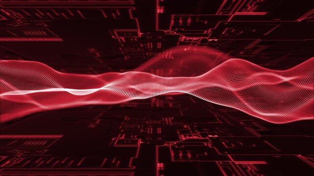 Animated redcolor floating wavy circular dots with glowing circuit board seamless design black technology wavy  background  