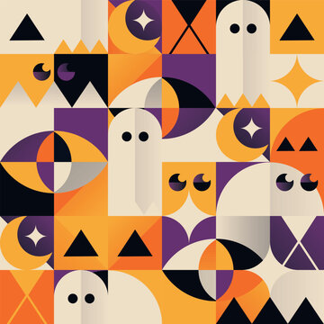 Geometric Halloween Shapes and Ghosts Seamless Vector Pattern