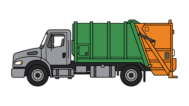 Side view vector illustration of a generic municipal waste truck with a grey cab, green main body, and orange rear loading mechanism isolated on a solid white background.