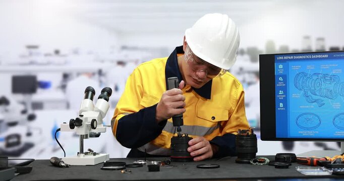 Technician in safety helmet and yellow work shirt repairs a camera lens at a workshop bench beside a microscope and digital engineering screen.