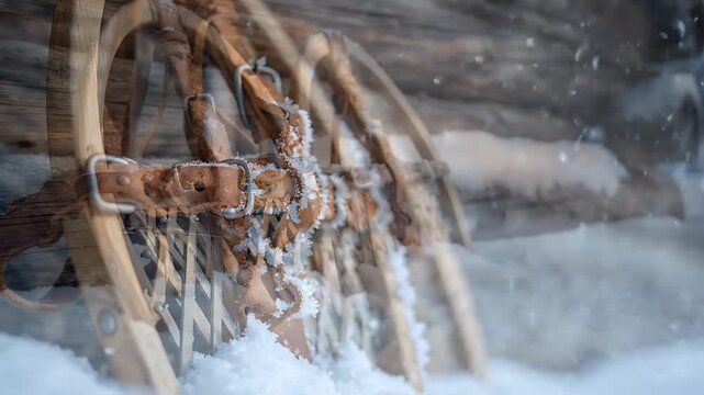 Snowshoes Gently Falling Onto Snow-Covered Logs, Creating a Winter Scene with Falling Snow and a Peaceful Atmosphere.