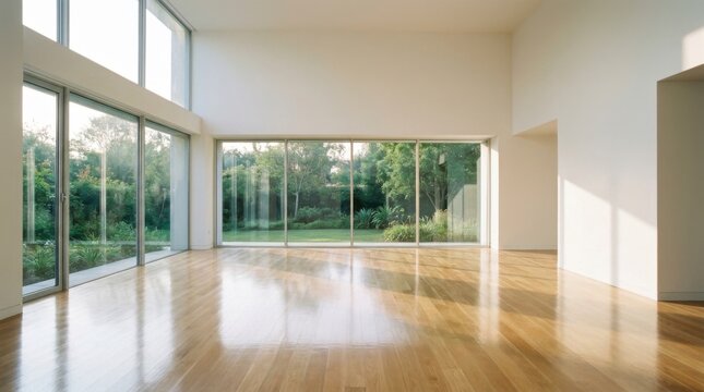 Empty modern room with large windows overlooking green garden and bright wooden floor reflecting natural light, concept of spaciousness and modern living