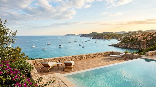 Luxury coastal terrace infinity pool ocean sailboats sunset