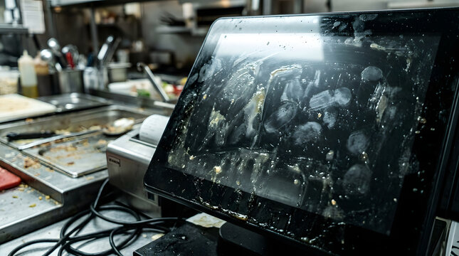 Dirty restaurant POS touchscreen covered in grease and oil stains with a blank dark screen, set against a messy commercial kitchen background showing cluttered equipment and spilled food debris.