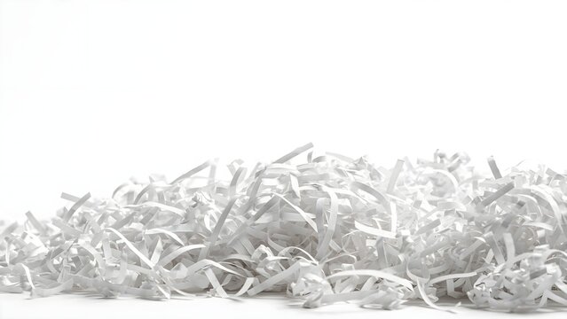 Pile of shredded white paper strips on white background