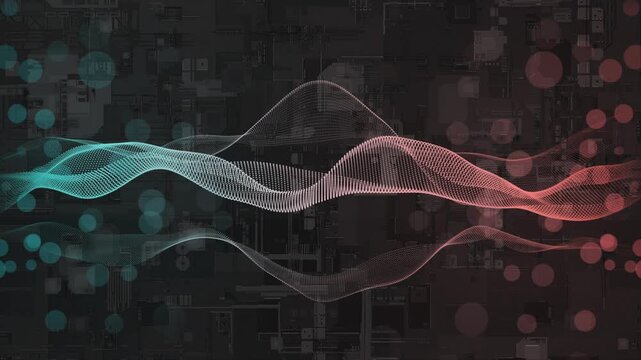 Animated colorful floating wavy circular dots with glowing circuit board and bokeh particles design black technology background  