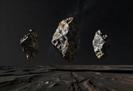 Space exploration and extraterrestrial discovery, floating asteroids above a barren alien planet surface with a dark starry galaxy background in deep space