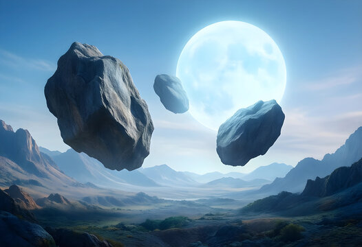 Surreal landscape with floating rocks, science fiction of gravity defiance and alien planet exploration in a vast mountain valley under a full moon