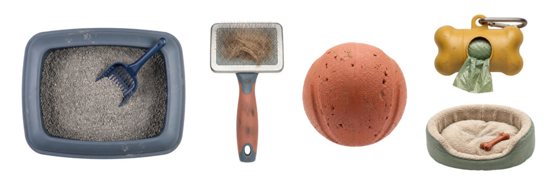 Set of pet care accessories isolated on a transparent or white background. Litter box, slicker brush, toy ball and waste bags dispenser.