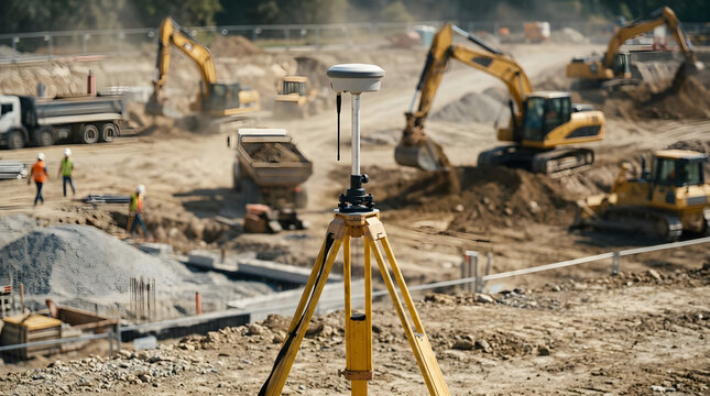 Professional RTK GNSS rover surveying equipment mounted on a yellow tripod dominates a bustling active construction site with blurred excavators and workers in the background under bright daylight.