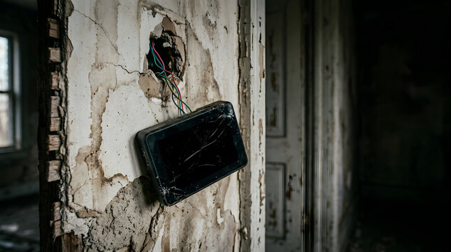 A broken smart home thermostat hangs precariously from exposed colorful wires against a crumbling plaster wall in a dark abandoned house interior, featuring a shattered screen and peeling paint.
