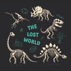 Cartoon Dinosaur Fossil Skeleton Prehistoric Creature Set Graphic Illustration © esa
