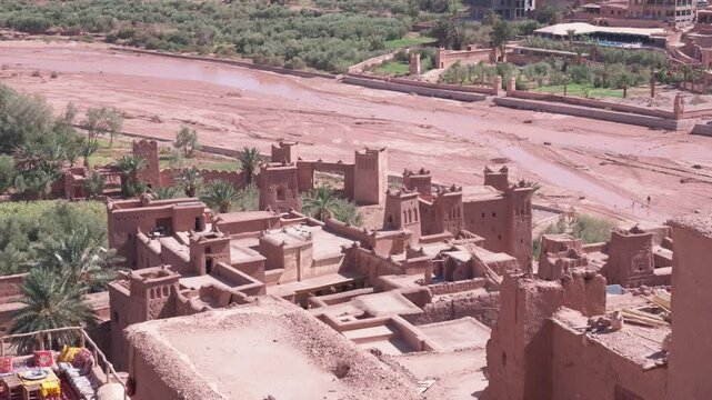 Ancient berber kasbah of ait benhaddou in morocco with its traditional mud brick architecture, a famous landmark and a popular tourist destination in the atlas mountains