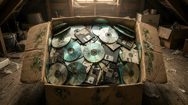 A dusty attic box overflowing with scratched blank CDs and destroyed floppy disks, evoking a nostalgic tech disposal scene with gritty retro aesthetics and dim, aged lighting.