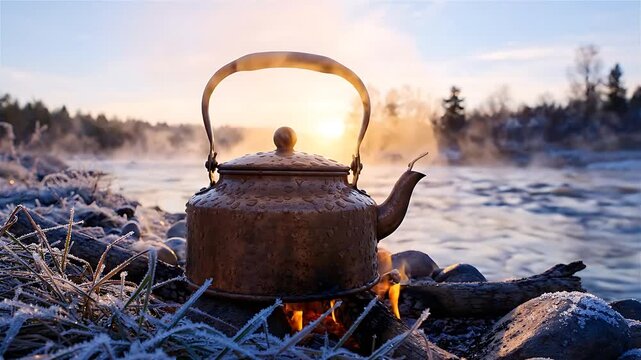 Kettle Steaming Over a Campfire with a Sunrise Reflecting on a Frosty River. Gentle Camera Pan Revealing a Serene Winter Landscape.