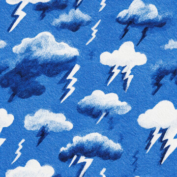 Cute Watercolor Lightning Cloud Seamless Pattern on Blue Paper