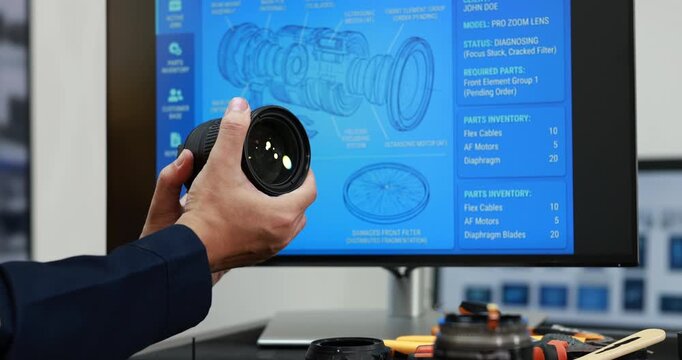 Technician holding a camera lens in front of a monitor a blue technical diagram, with repair tools and lens parts on a workbench.