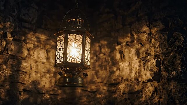 Antique Lanterns Gently Swaying Against a Textured Stone Wall, Creating a Warm, Flickering Ambiance. with Warm Light