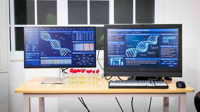 Two computer monitors display dna analysis data beside test tubes in a clean modern laboratory workspace.