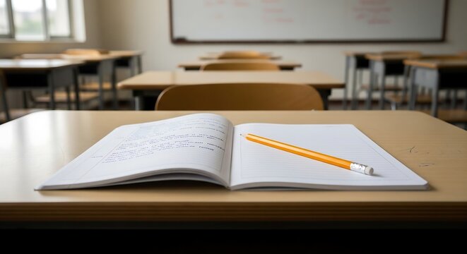 Open notebook with yellow pencil on wooden classroom desk with soft natural light and blurred school background