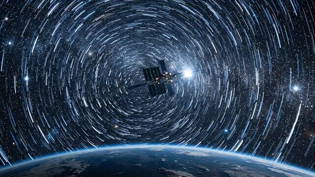 Earth Rotating in Space with Satellite Orbiting, Showcasing a Dynamic 360-Degree View of Our Planet and Its Celestial Surroundings.