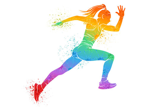 Dynamic silhouette of a female runner sprinting fast forward with colorful vibrant paint splatter on white ground