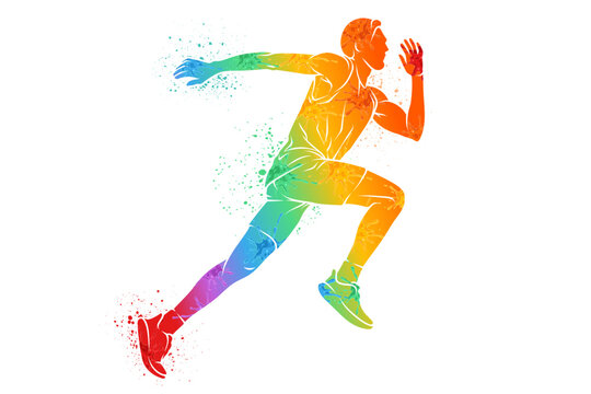 Dynamic silhouette of a male runner sprinting forward with colorful vibrant paint splatter textures on white ground
