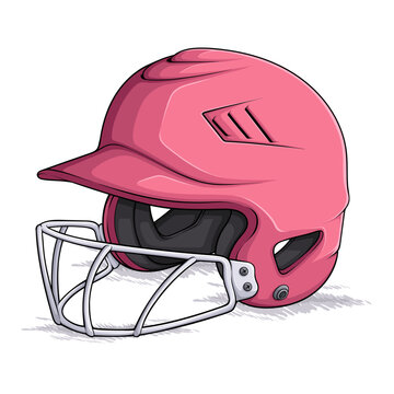 Pink protective softball batting helmet with metal face guard and interior padding isolated on a white background