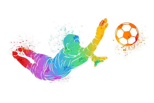 Dynamic silhouette of a soccer goalkeeper diving horizontally to catch a ball with vibrant colorful paint on white