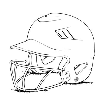 Clean outline sketch of a protective softball batting helmet with metal wire face guard isolated on white ground