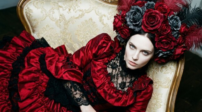 Elegant woman in a dramatic red Victorian-style dress and an elaborate floral headpiece reclining on an ornate armchair, exuding a gothic and luxurious aesthetic, concept of gothic luxury and historic