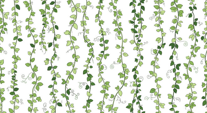 Vertical botanical seamless pattern featuring lush green ivy vines and climbing leaves on a white background.