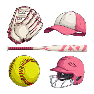 Set of pink softball equipment featuring a catcher glove batting helmet baseball bat ball and sports cap on white