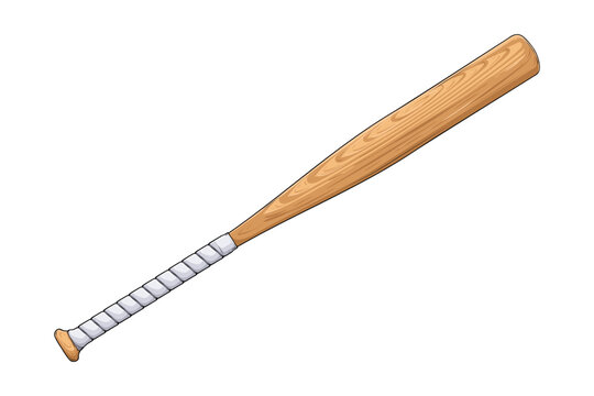 Classic wooden baseball bat with white taped handle grip isolated on white ground, professional equipment for batting practice.