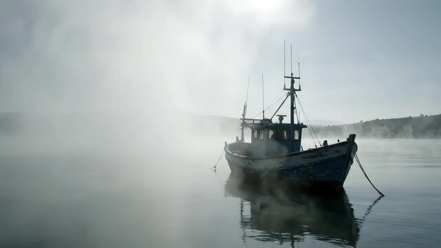 Fishing Boat Emerging From Dense Fog on a Calm Sea, Slowly Revealing Itself in a Looping Animation. with Maritime