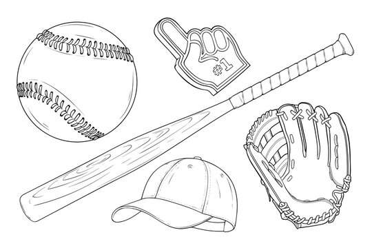 Clean outline set of baseball equipment including a leather mitt, wooden bat, ball, sports cap, and number one foam finger.