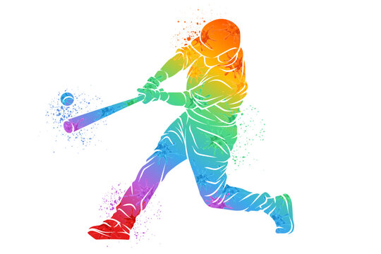 Dynamic silhouette of a baseball batter swinging the bat and hitting the ball with colorful paint splatter on white.