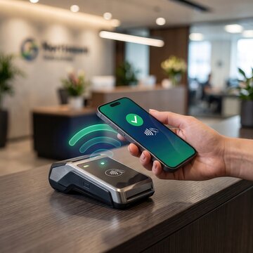 Contactless payment with smartphone at payment terminal in office