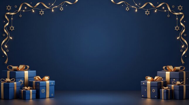 Hanukkah background with blue gifts and golden star decorations