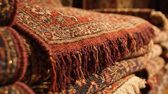 Stacked Carpets Slowly Rotating on a Dark Surface, Showcasing Intricate Patterns and Rich Textures in a Looping Animation.