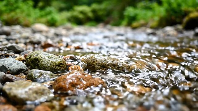 Clear Water Flowing Over Rocks in a Shallow Stream, Creating a Tranquil and Natural Flowing Motion. with Pebbles