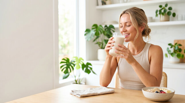 Young woman drinking protein shake slowly in a bright kitchen  