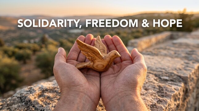 Two hands cupping a small carved wooden dove sculpture against a blurred landscape of olive trees and stone walls at sunset with the text s o l i d a r i t y f r e d o m a n d h o p e overlaid