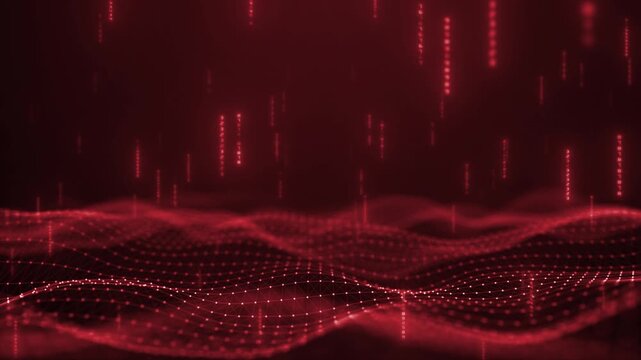 Animated red color low poly waves with binary code big data futuristic design seamless dark technology background