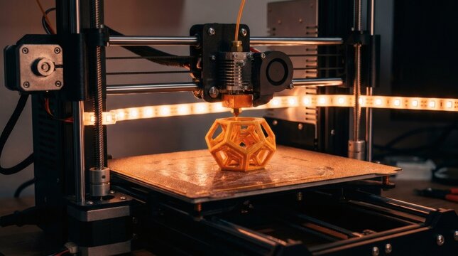 3D printer manufacturing an orange geometric object using plastic filament, illuminated by warm LED lights. FDM additive manufacturing technology in progress.